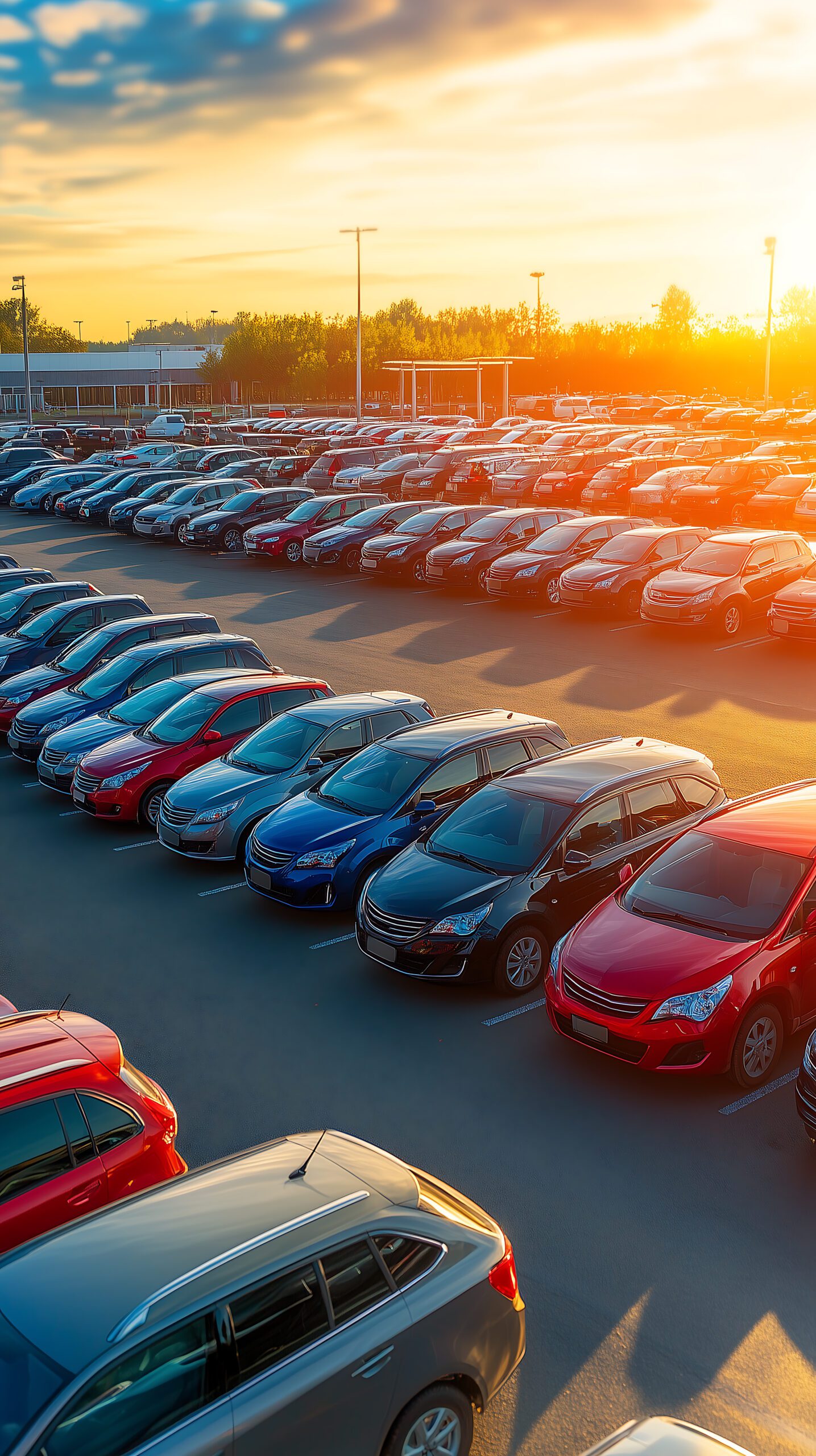 Pre-owned vehicle inventory management dashboard interface A large parking lot filled with rows of parked cars under a vibrant sunset sky. The cars are neatly arranged in multiple rows, with a variety of colors including red, blue, silver, and black. The sun is low on the horizon, casting long shadows and creating a warm, golden glow over the scene. In the background, there are trees and a building, possibly a dealership or a large commercial facility. The sky is partly cloudy with a mix of blue and orange hues, adding to the picturesque quality of the image.